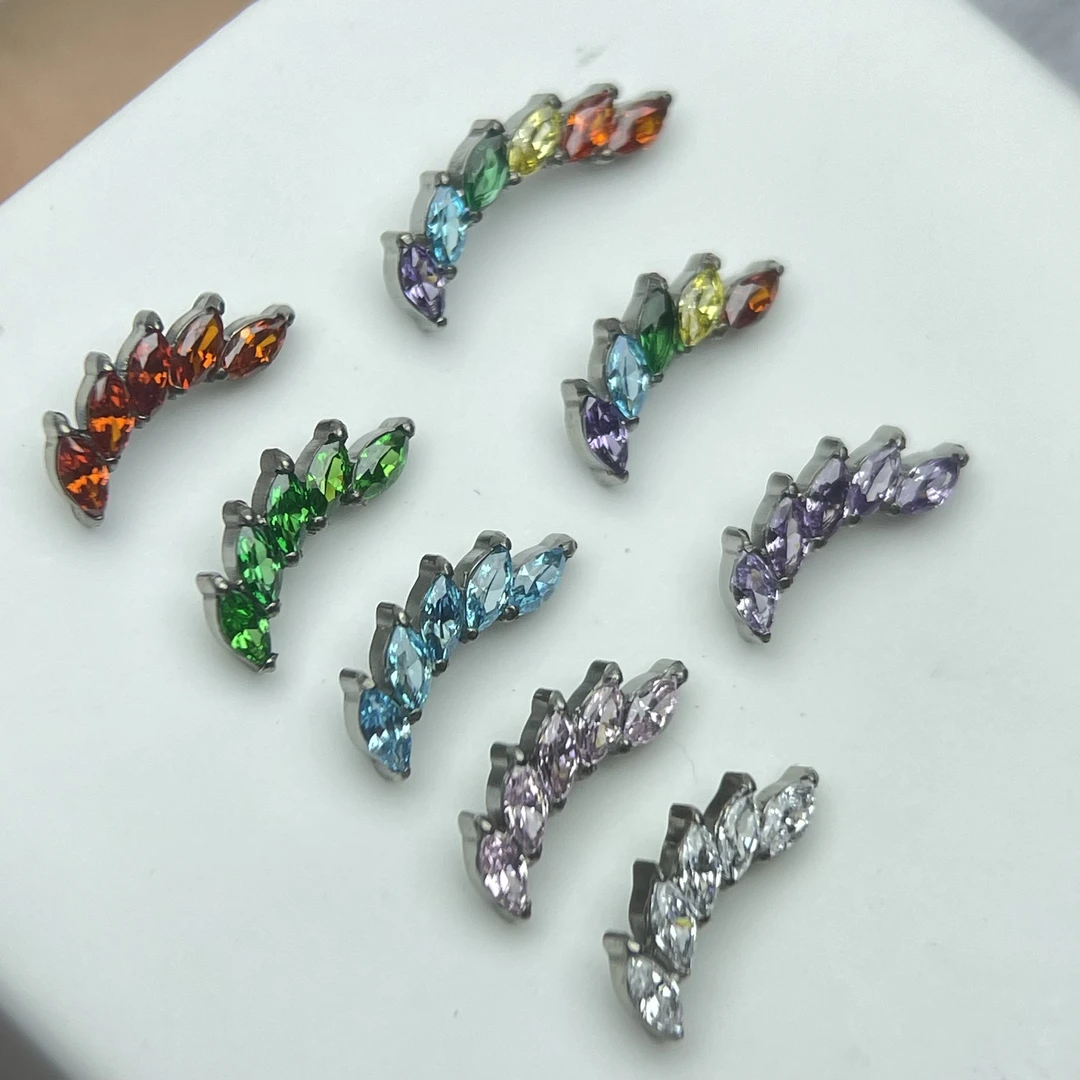 钛合金锆石耳饰 F136钛合金斜马眼锆石钻耳骨耳蜗钉养耳洞彩色