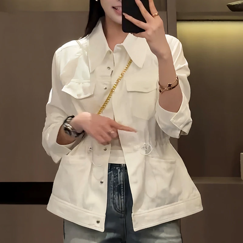 2025春秋流行白色短款工装休闲外套女装独特漂亮法式高级夹克上衣