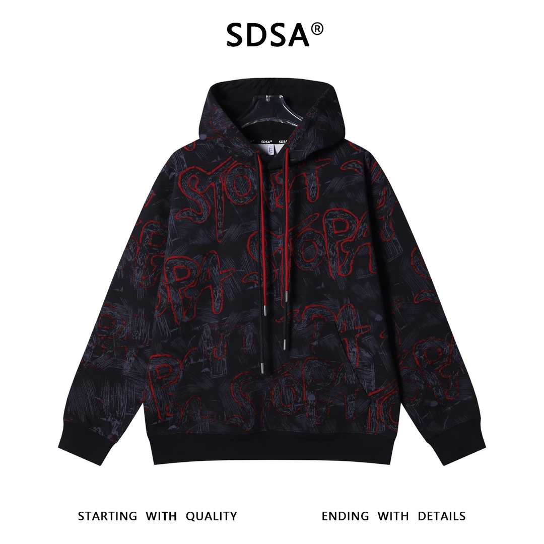 SSDSA男士秋冬新款痞帅男装美式撞色割破字母抽绳连帽卫衣网红款