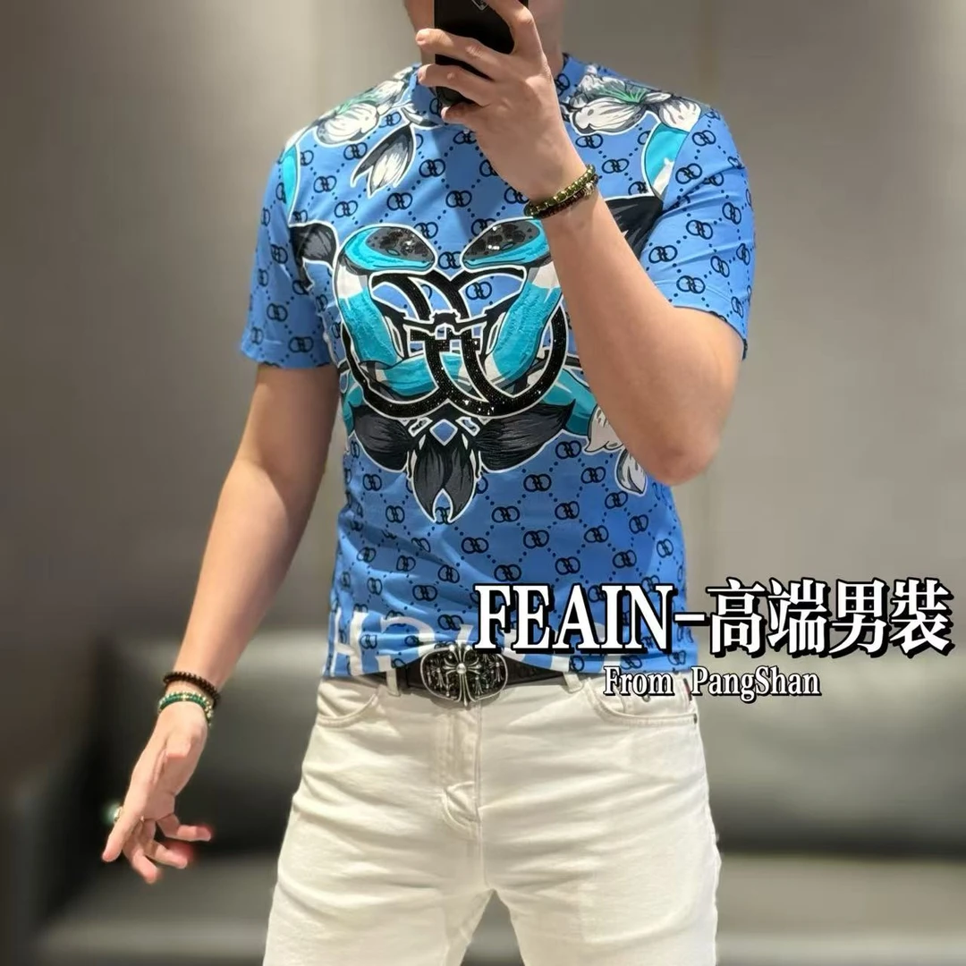 高端男士蛇年定制图案植入珠片工艺短袖T恤5097