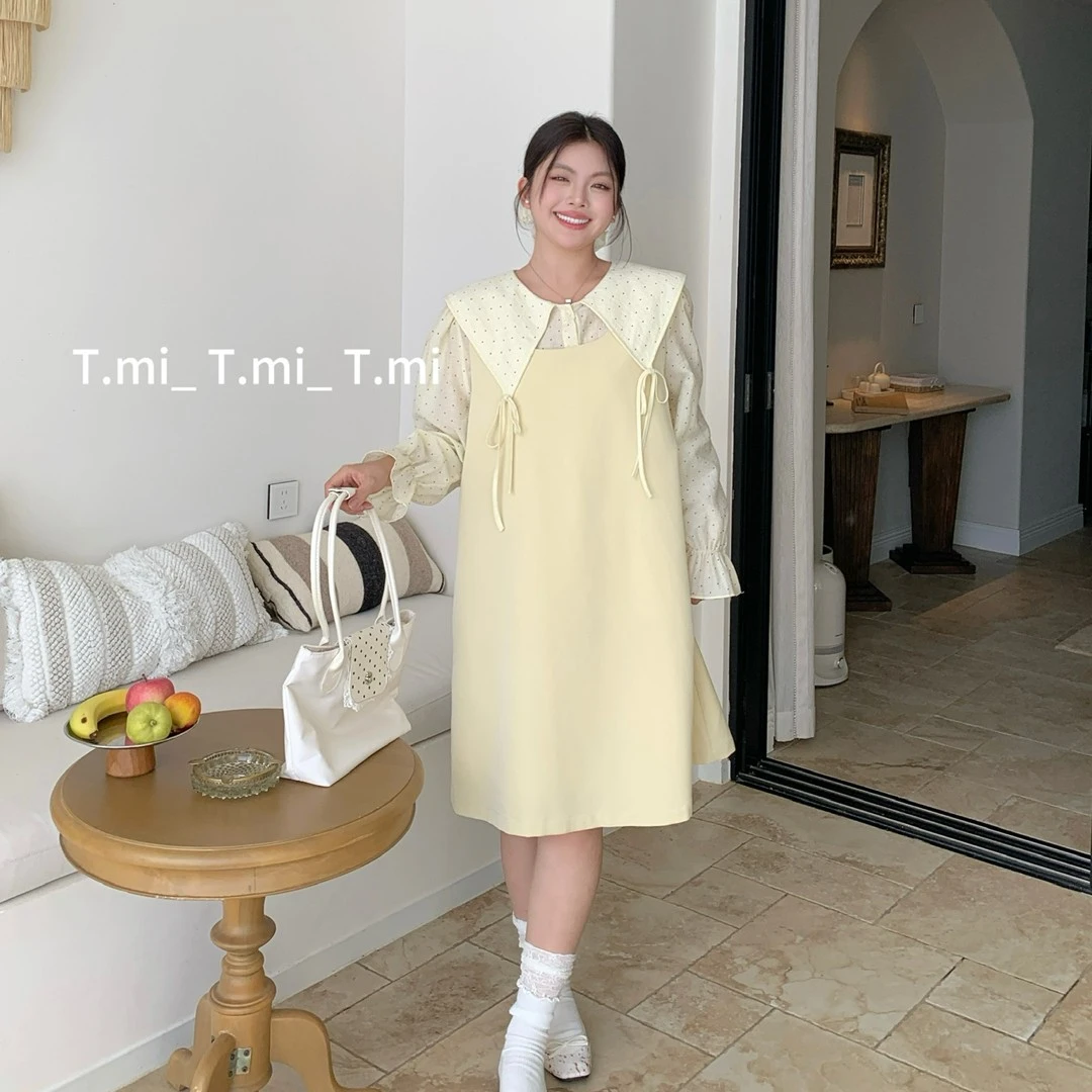 Timi秋冬气质拼接宽松少女甜美文艺百搭连衣裙