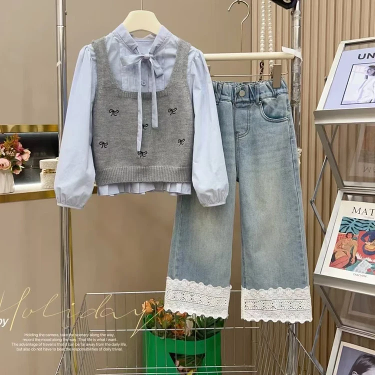 女童2025春季新款6-12岁15岁中大童韩版洋气毛衣马甲直筒裤三件套