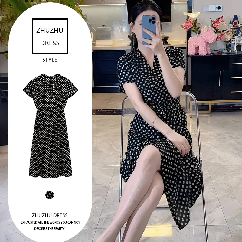 法式气质连衣裙V领宽松碎花复古收腰显瘦减龄中长款夏季时尚079