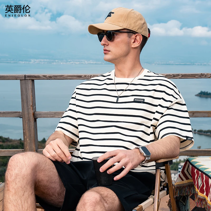 230G重磅条纹短袖T恤男2025春季新款美式复古落肩宽松体恤TX133
