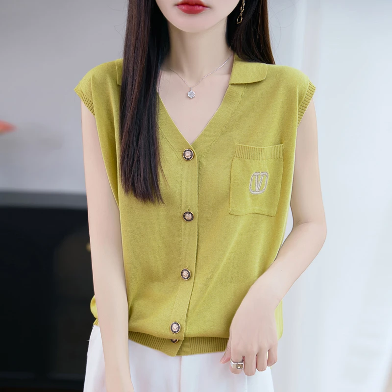 品牌夏季女装刺绣无袖针织开衫背心新款打底衫洋气V领针织上衣薄