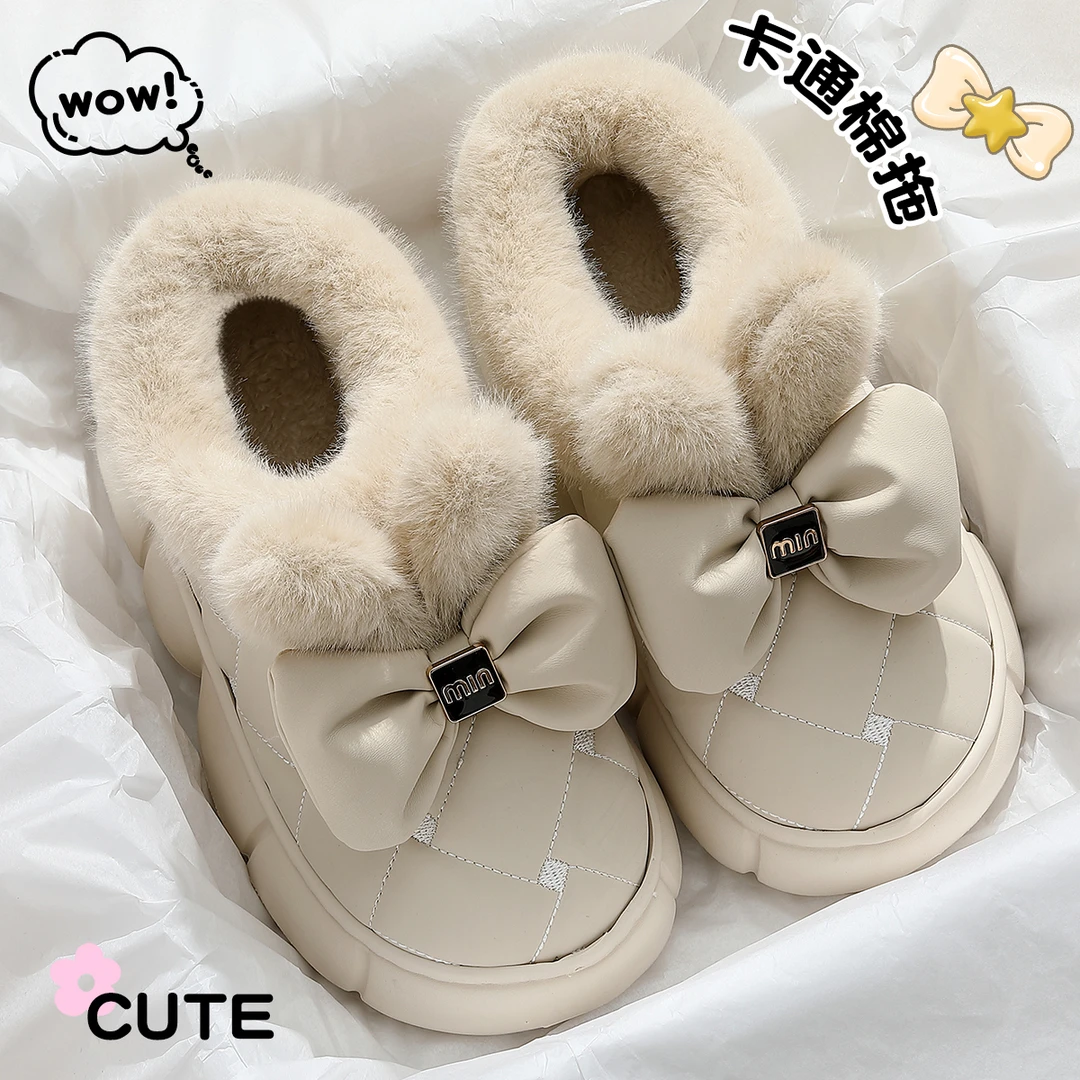 红豆高帮蝴蝶结棉拖鞋女士冬季外穿2025新款时尚防滑保暖棉拖鞋女