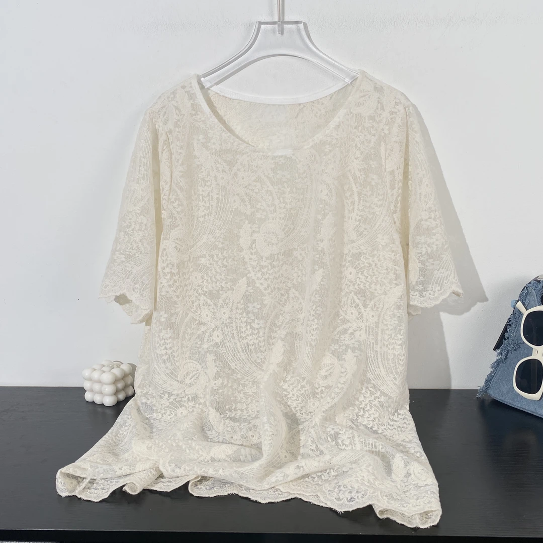小韩日记【温柔姐姐】蕾丝衫时尚休闲百搭女士夏季镂空中袖气质5121