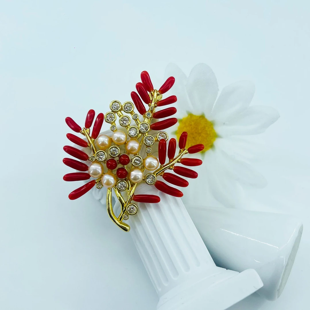 【世间臻宝】珊瑚DIY胸针 52*47mm；珊瑚约2mm+ XQ0011 多样性发货