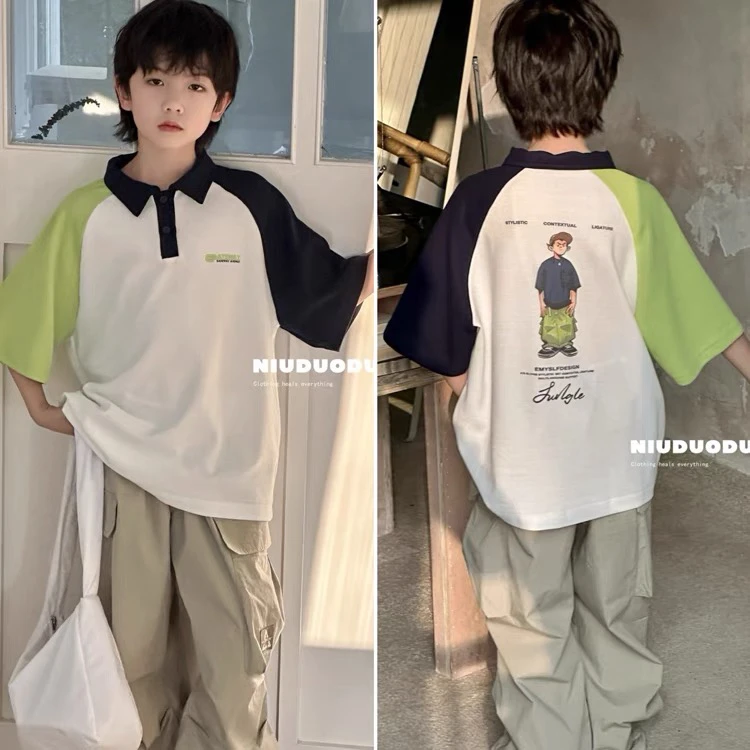 2025夏季男女童卡通拼色POLO衫短袖中大童T恤上衣