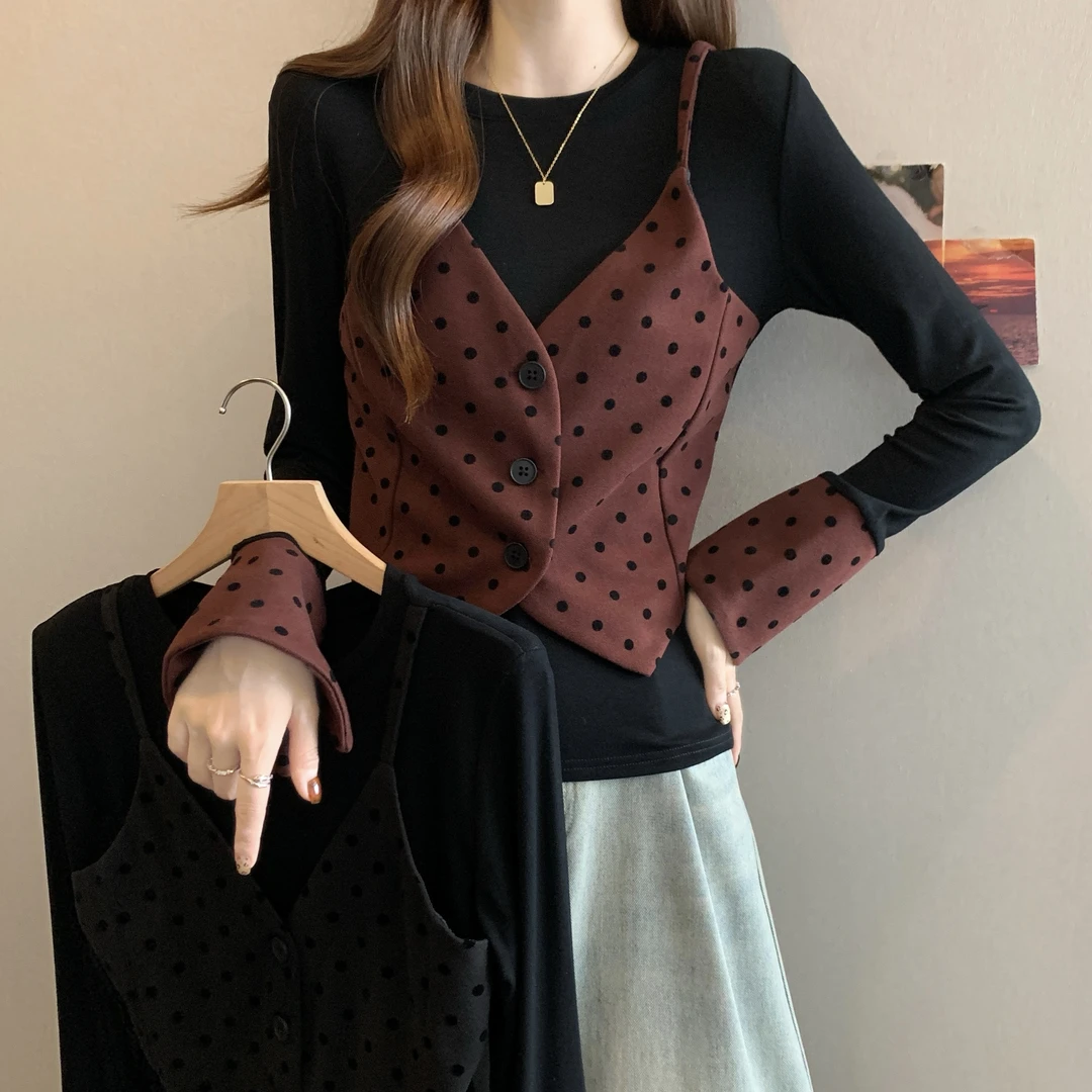 2025新款胖MM设计感假两件吊带马甲修身显瘦百搭上衣拼接法式