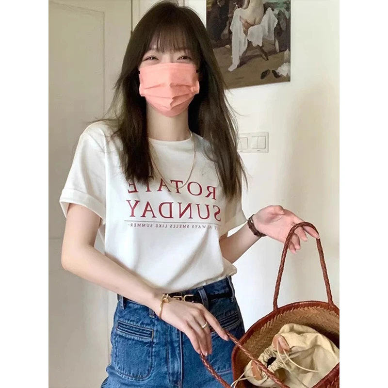 美式潮牌白色正肩短袖t恤女夏季纯棉宽松显瘦小个子半袖T恤上衣