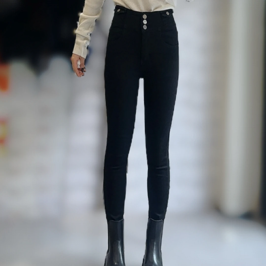 896年货级巨显瘦百搭三粒扣黑色牛仔薄绒铅笔裤08-3