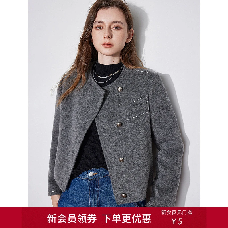 【双11好物】初语时尚双面呢毛呢2025年小香风新款斜门襟气质外套