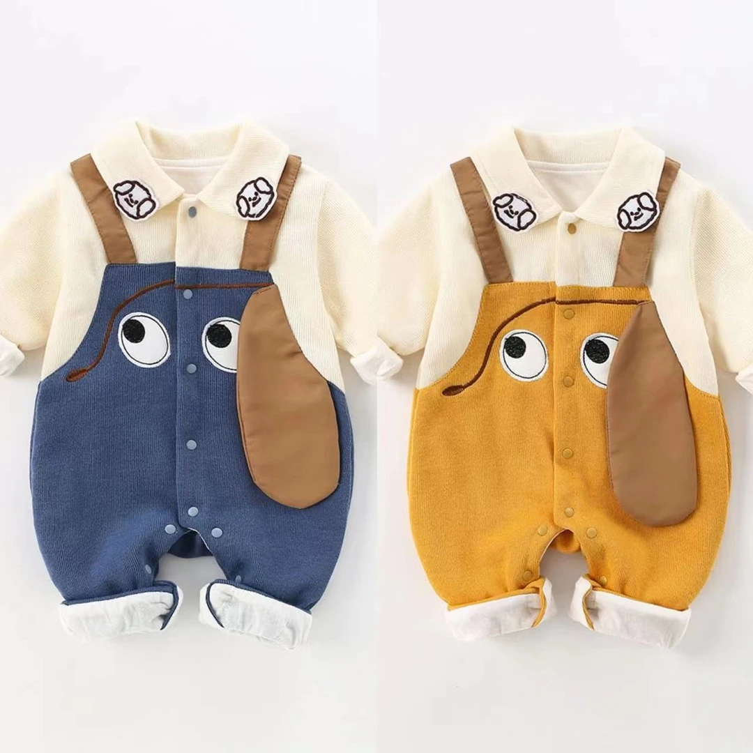 新款婴幼儿宝宝可爱卡通立体大耳狗假背带裤长袖连体哈衣爬童装