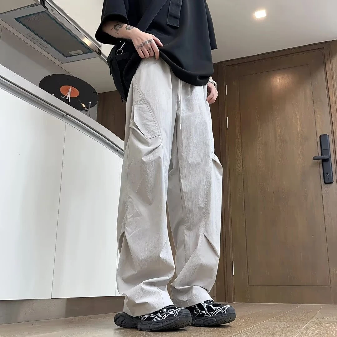 夏季休闲裤阔腿裤宽松夏季米白美式工装裤薄款垂感男士男款男生