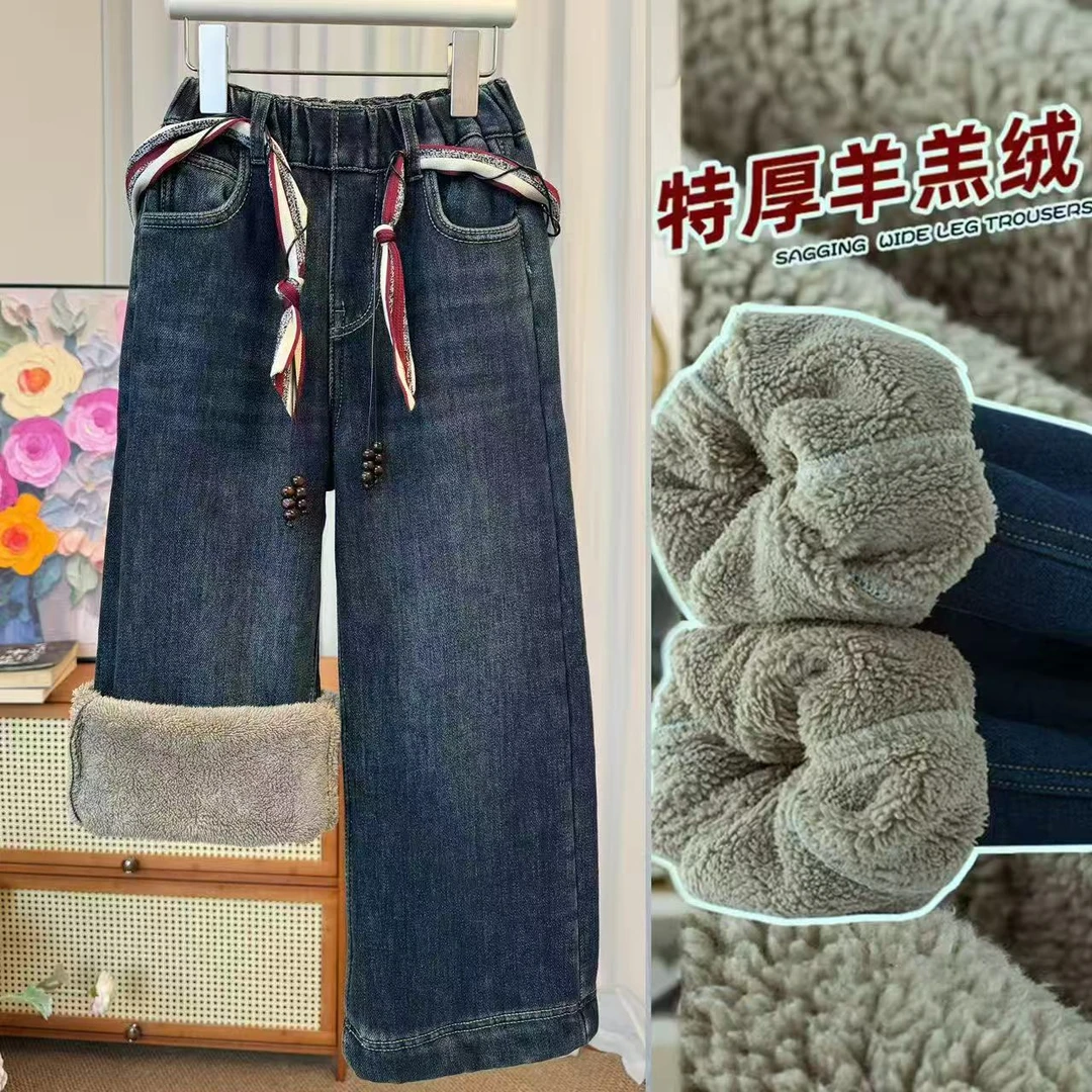 特厚冬季长裤冬季女童绒裤牛仔裤松紧腰秋季高腰复古宽松牛仔裤3