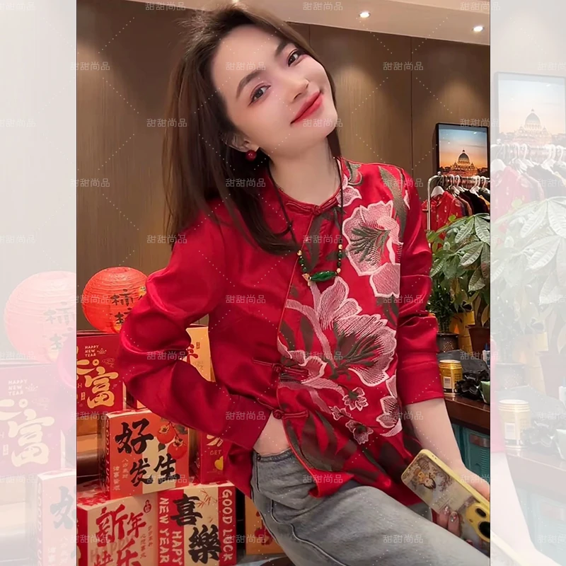 新中式国花刺绣斜襟盘扣上衣女2025年时尚气质复古圆领长袖打底衫