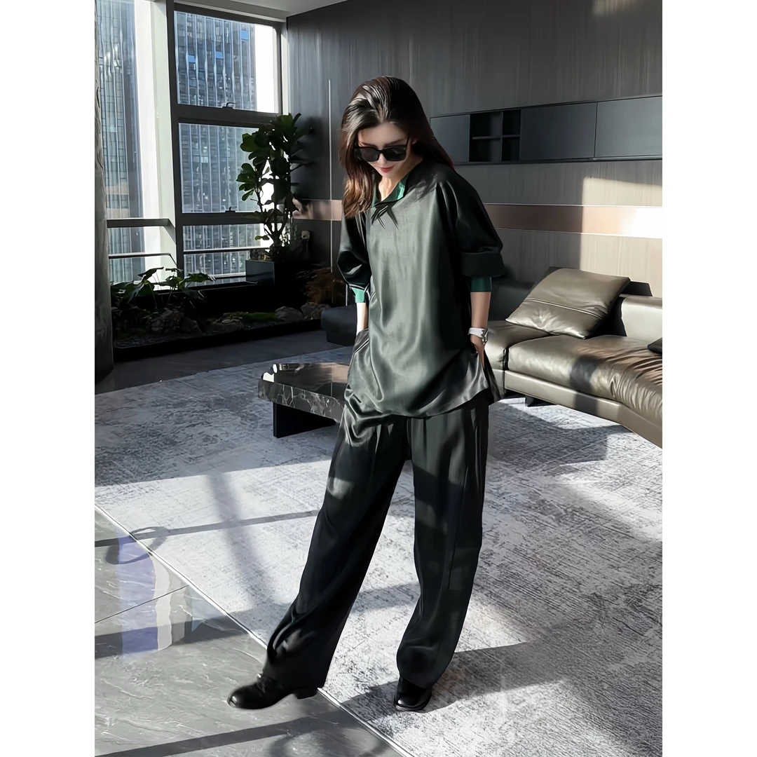 设计感拼色高腰直筒香云纱女春秋款宽松黑色垂感休闲裤DLF-887309