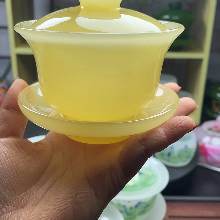 琉璃手工艺品玉瓷琉璃盖碗鸡油黄