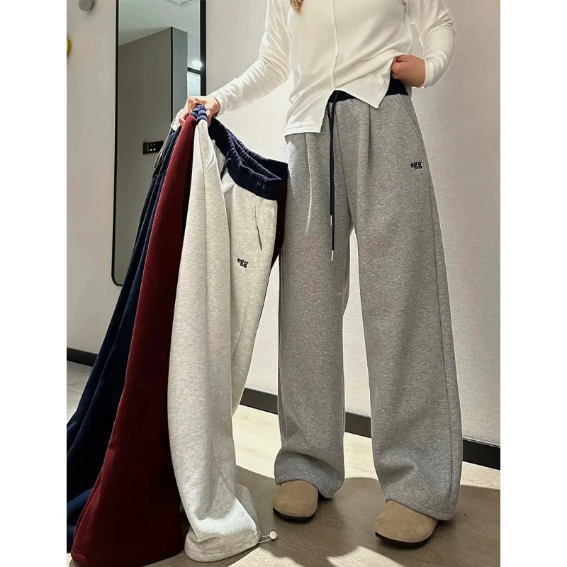 【运费补贴】加绒加厚阔腿裤撞色高腰休闲卫裤女秋冬百搭直筒裤 ZLM