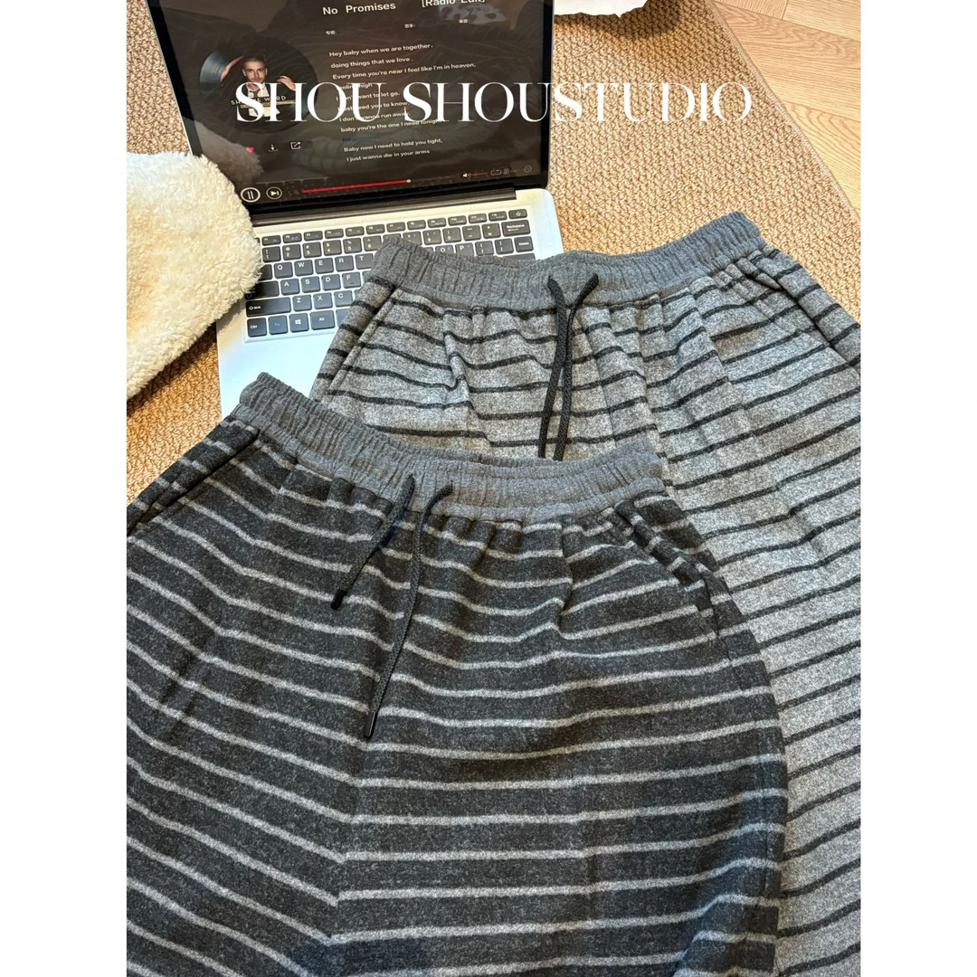 【夏夏】条纹裤-大码高腰抽绳加绒对条撞色显瘦高个子直筒裤S02338