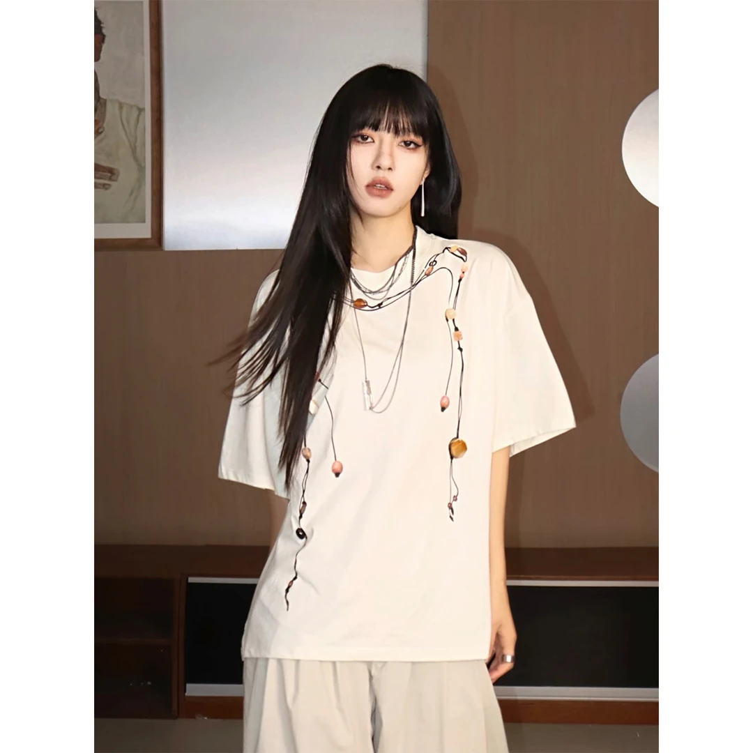 呆毛【5.27/10:00新品】夏季新款度假风圆领宽松珠链T恤DMJ3993