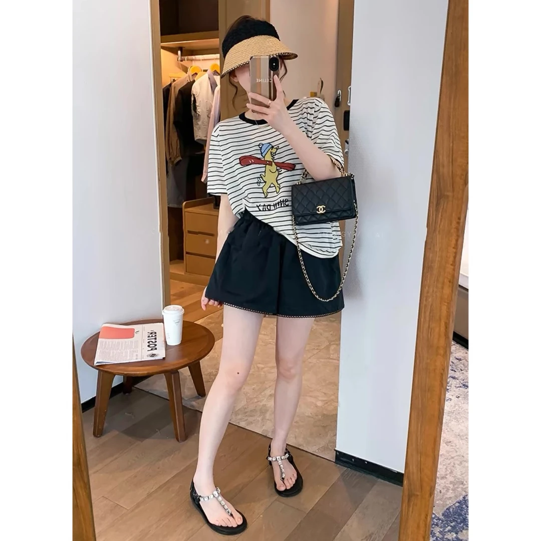 【花苞短裤】松紧腰花边短裤女2025年夏季新款高腰显瘦阔腿裤