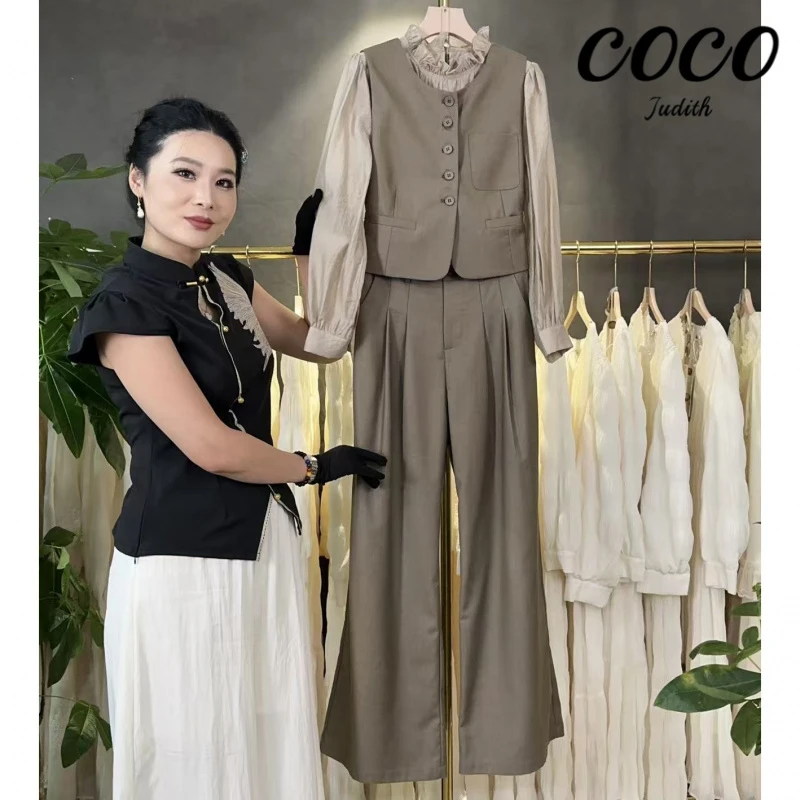 【三件套】2025秋季法式气质长袖上衣+马甲+休闲裤时尚套装M700