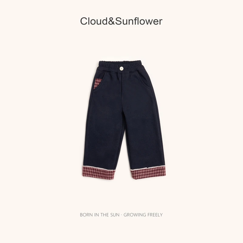 【云朵小葵】女童冬季年款新款裤脚格子蕾丝休闲直筒裤555682