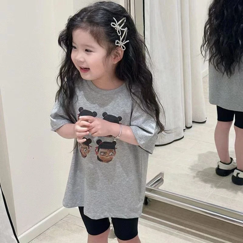 女童韩版印花可爱哪吒短袖T恤2025百搭夏季新款休闲短裤两件套潮