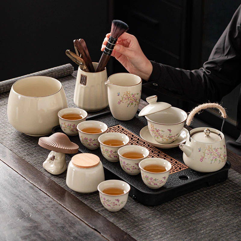 汝窑功夫茶具套装家用客厅陶瓷茶壶盖碗茶杯全套办公室高档泡茶器