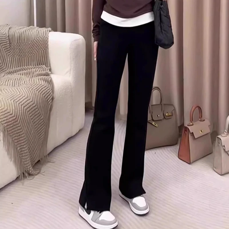 黑色高腰微喇运动裤女2025新款大码弹力显瘦宽松休闲马蹄喇叭裤子