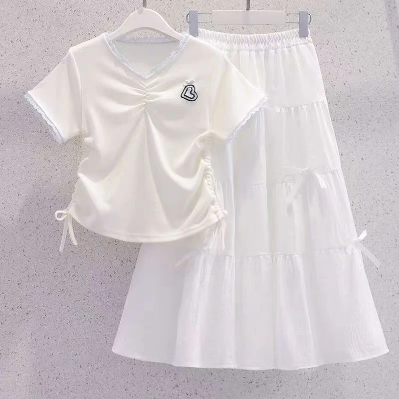 洋气女童休闲半身裙薄款套装荷叶边纯色心形时尚夏季儿童白色裙子