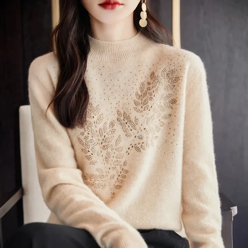 超级温柔减龄款~100纯羊毛衫半高领重工烫钻树叶针织衫  DMR-304