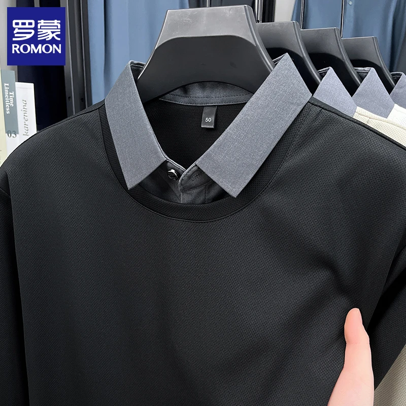罗蒙2025新款假两件男士长袖t恤春季休闲时尚衬衫领上衣男装体恤