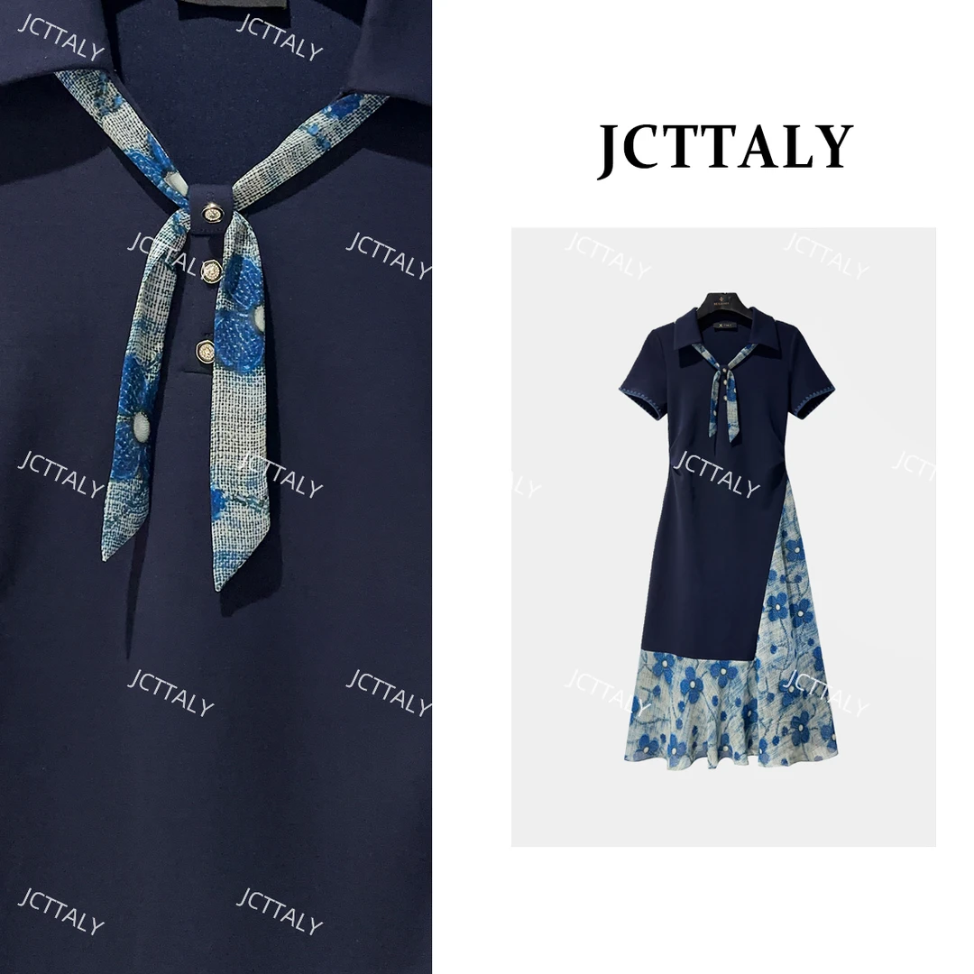 【茶茶】蓝色假两件不规则拼接休闲海军领连衣裙JC-A4075