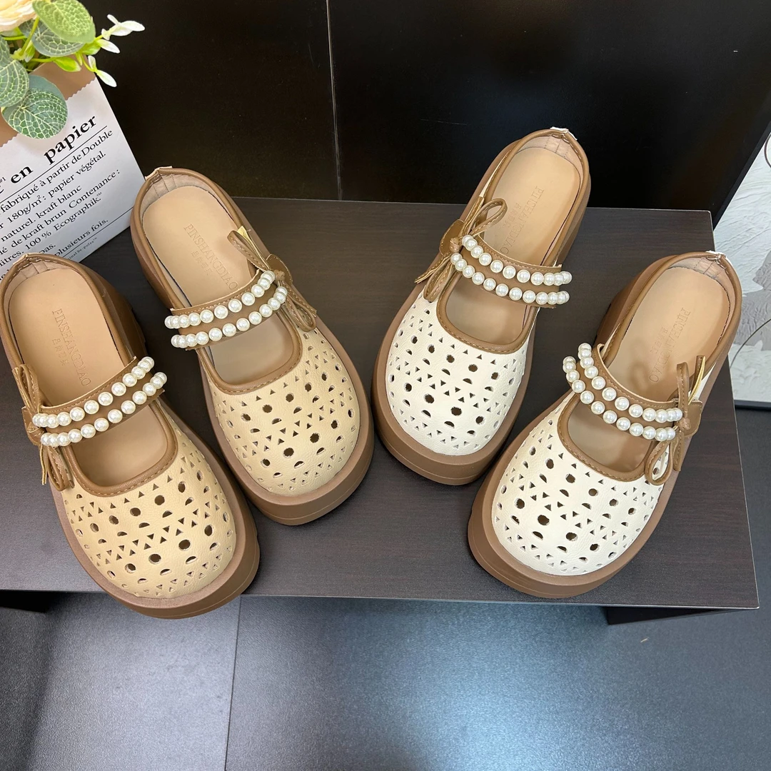 厚底镂空包头半拖鞋女夏季外穿2025夏蝴蝶结一脚蹬懒人法式凉拖鞋