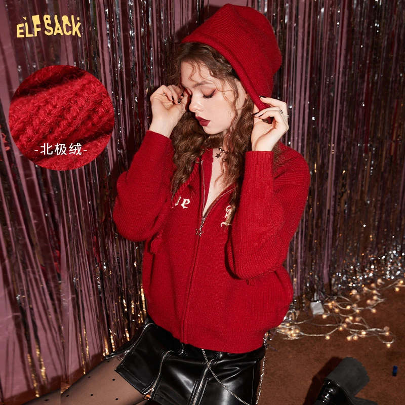 8950【赵老板专属】妖精的口袋拉链连帽红色毛衣外套女春季新款软