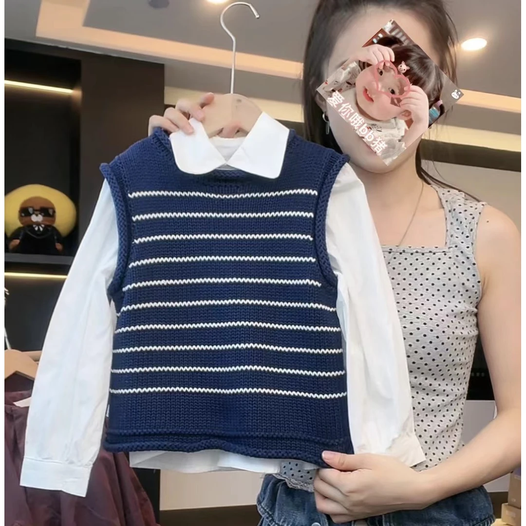 【Umi现货】秋装韩版儿童撞色条纹休闲毛衣针织套头马甲MPG5105