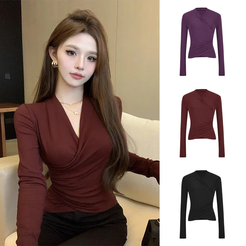 Moses Queen/魔西女王韩系时尚V领交叉长袖T恤褶皱收腰显瘦打底衫