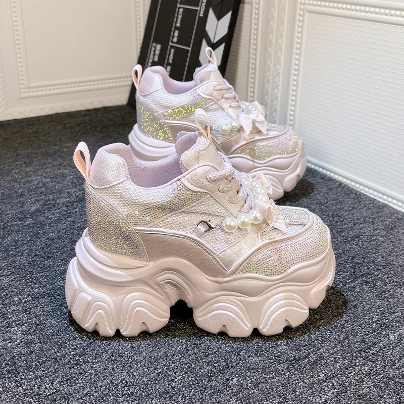 10CM时尚厚底内增高老爹鞋女2025春季新款百搭爆款小个子运动网面