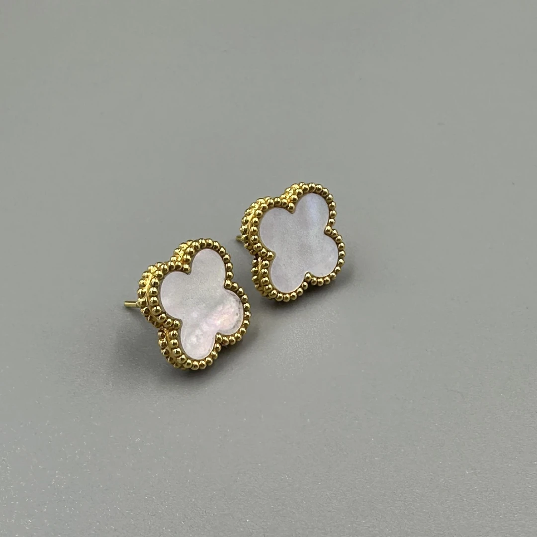 耳钉 白贝母 13mm 18k金镶嵌 k玫 k黄红色 复古优雅