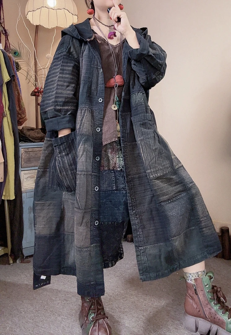 【语禾】3227老布手工拼接炒色宽松休闲连帽风衣外套（长108胸围140）
