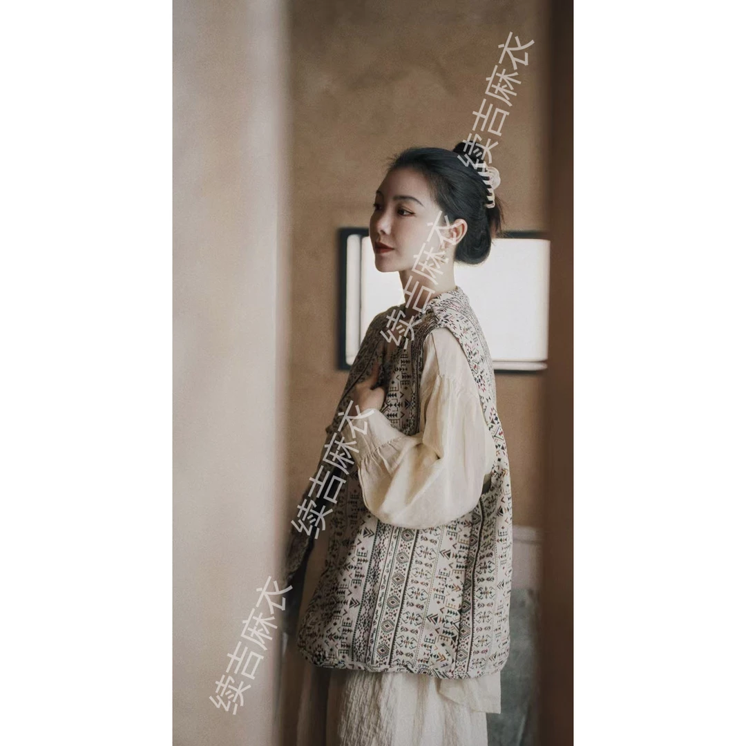 早秋-续吉麻衣25-1722【古谣】圆领百搭文艺复古宽松印花无袖马甲