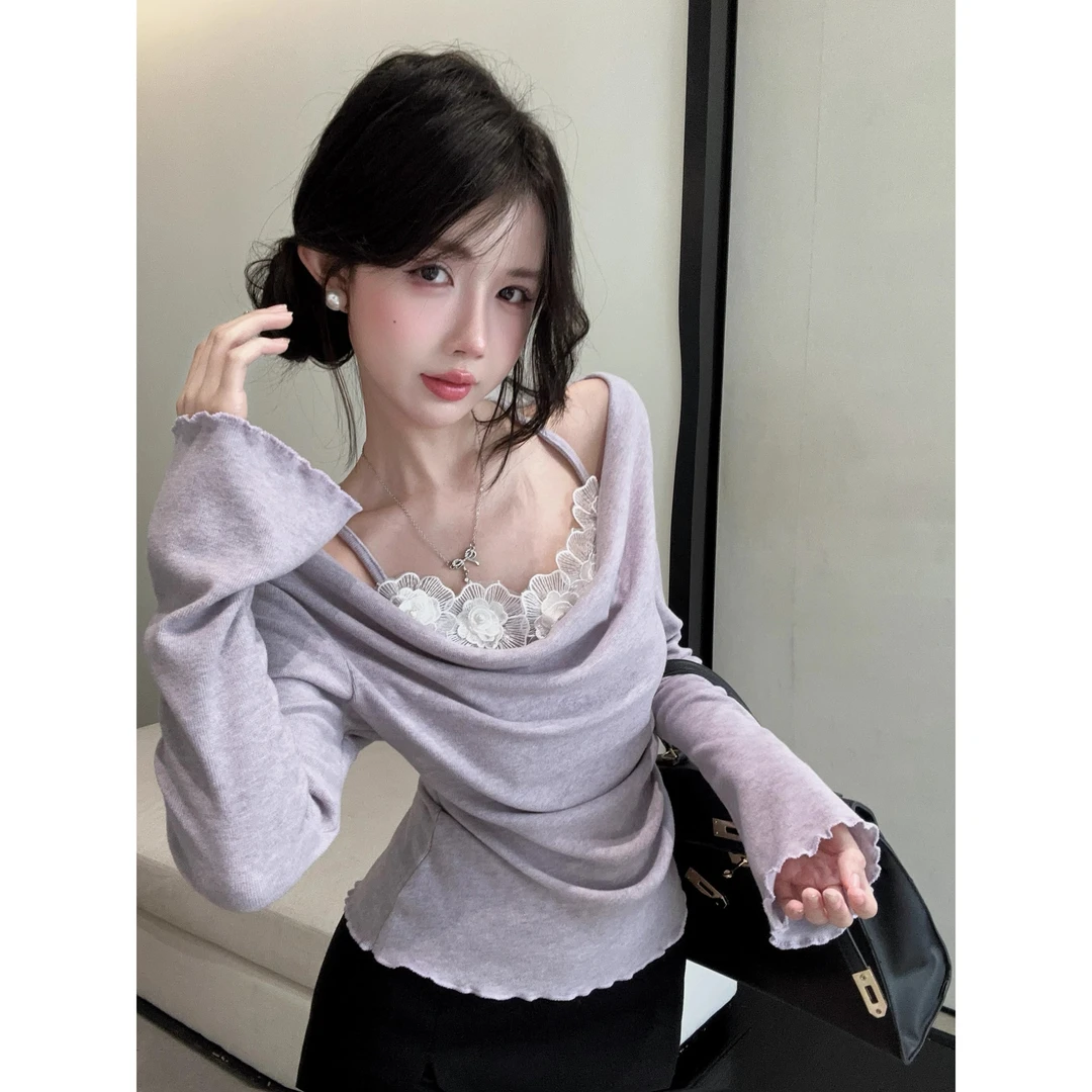 紫色温柔系蕾丝花朵荡领长袖t恤女秋冬季收腰显瘦内搭打底衫上衣