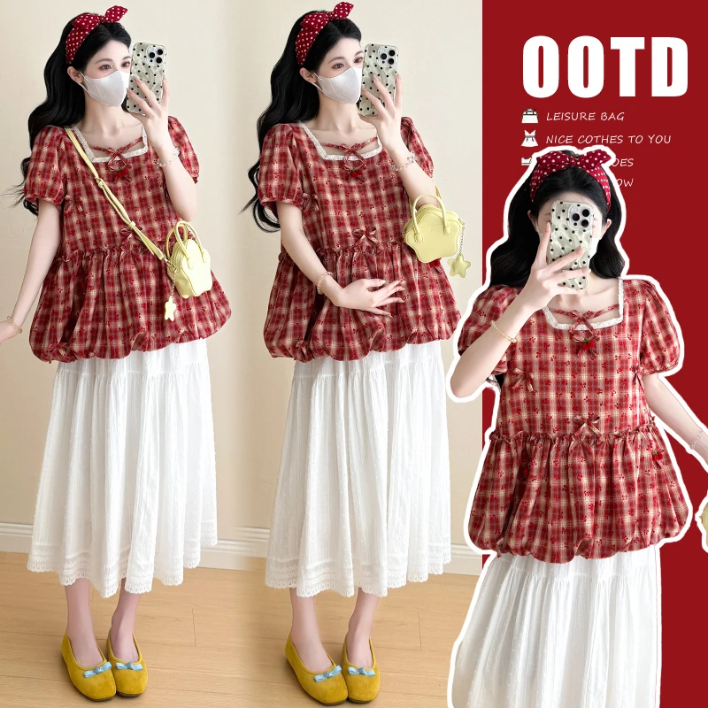 2025新款红色格子立体蝴蝶结+猪鼻扣提花半身裙时尚宽松小清新