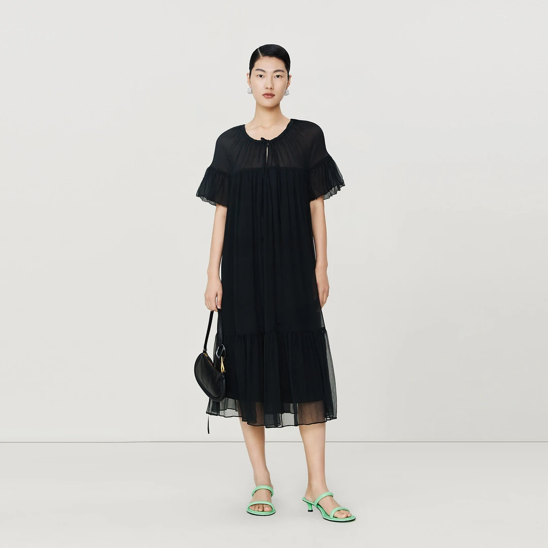 【新能量黑裙】玛丝菲尔系带式收腰真丝连衣裙A1DE20236
