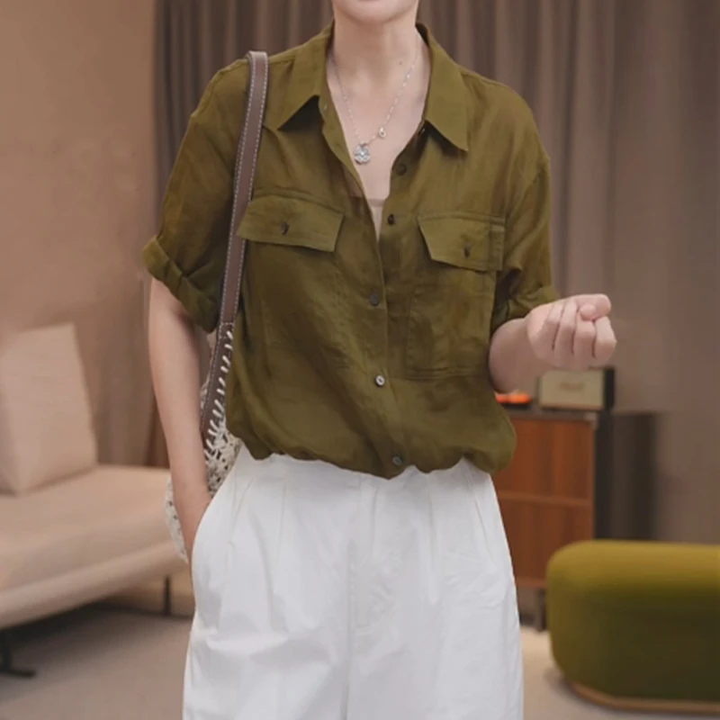 韩系慵懒风纯色polo领衬衫女新款轻薄凉感透气通勤显瘦单排扣上衣