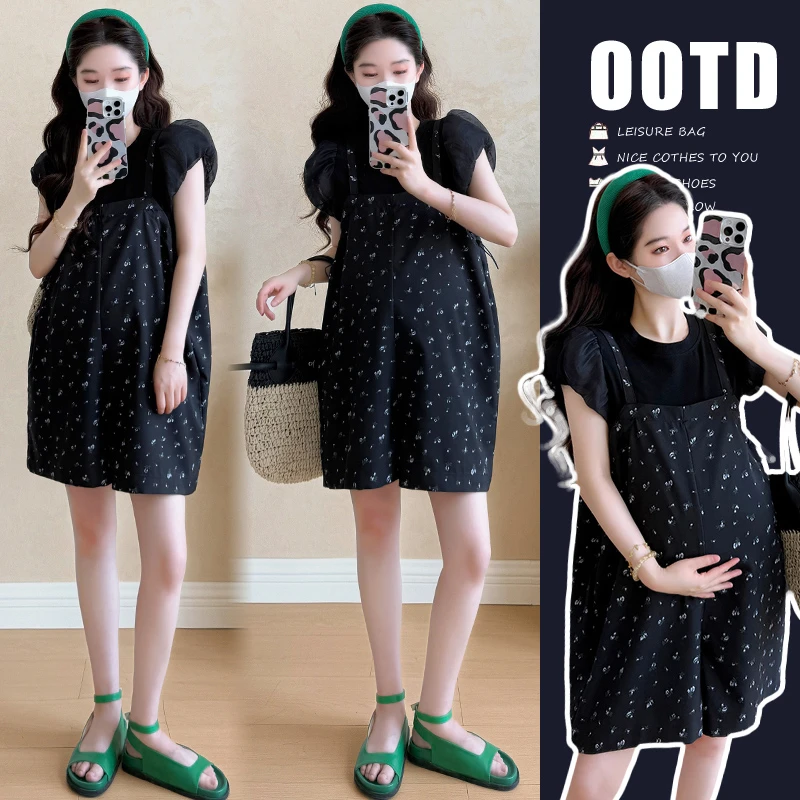 孕妇装夏装弹力网纱袖上衣2025新款碎花显瘦背带裤夏季小个子薄款