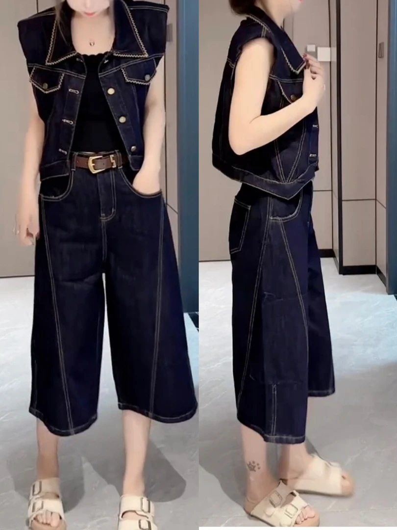 夏季新款时尚牛仔套装polo领无袖洋气马甲七分牛仔裤显瘦两件套